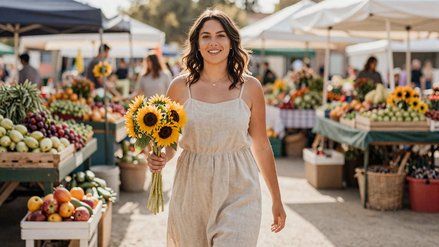 Confident woman with warm smile walking through a farmers market on a bright morning carrying sunflowers