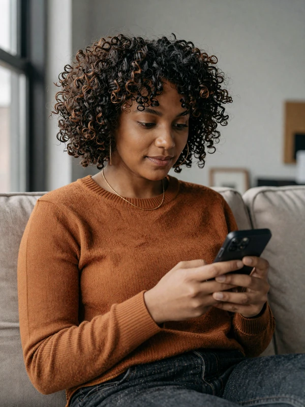 Woman with confident expression browsing phone in modern living room with soft natural light