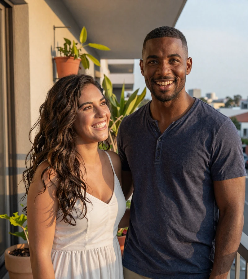 Confident couple laughing together on a sunlit apartment balcony enjoying a relaxed evening