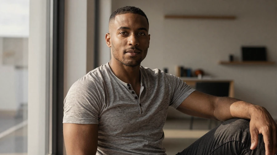 Confident man with relaxed posture sitting in natural light near large window in a modern apartment