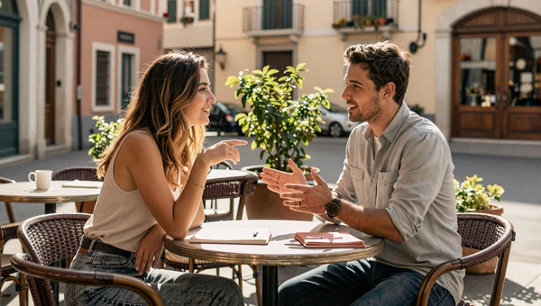 Confident couple sharing animated conversation at outdoor café table in warm afternoon sunlight