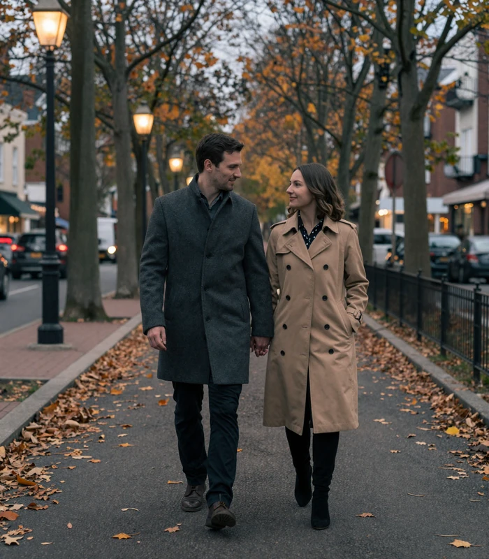 Couple walking hand in hand through tree-lined city street at dusk with warm lamplight glow