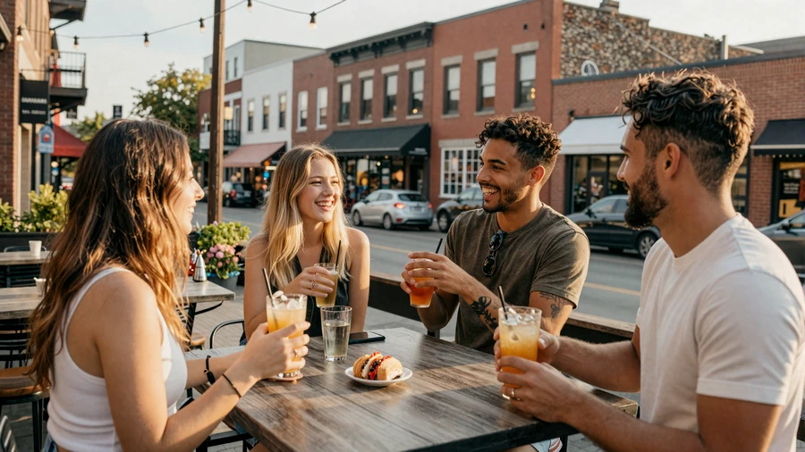 Diverse group of friends socializing at a neighborhood outdoor bar in warm evening light with string lights and cocktails