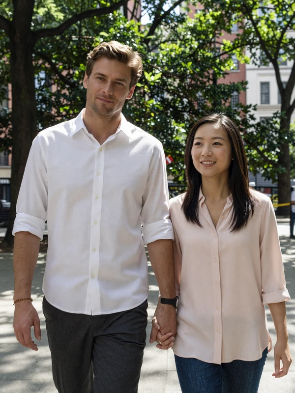 Happy couple walking hand in hand through lush city park in dappled sunlight