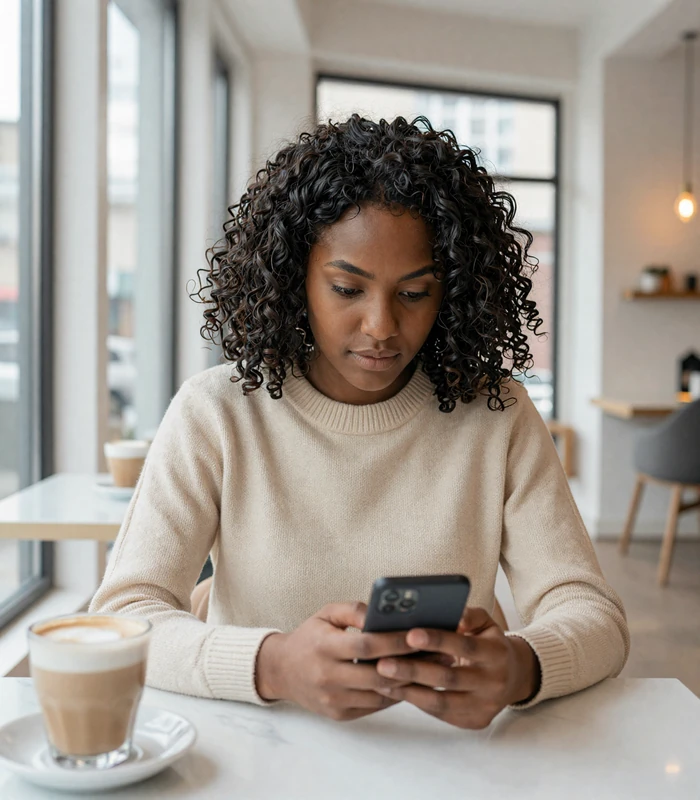 Woman reviewing her phone with a focused expression in a bright modern café with natural light