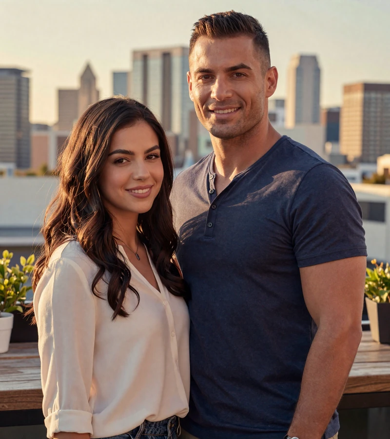 Confident couple standing together at a rooftop bar during golden hour with city skyline behind them