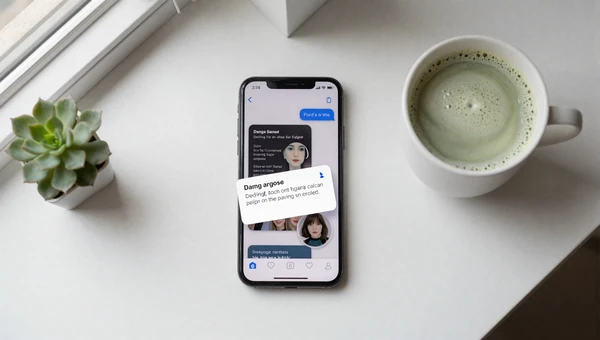 Smartphone showing dating app notification on clean white desk with succulent and matcha in natural light