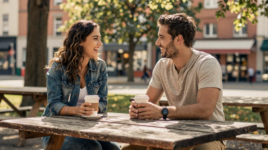 Two people on a casual outdoor date laughing at a wooden picnic table with coffee in a sunny park