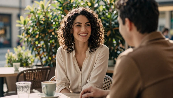 Couple laughing naturally together at an outdoor cafe with soft afternoon light
