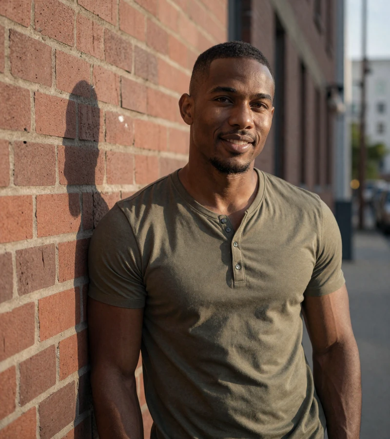 Confident man in casual shirt leaning against brick wall in golden hour light on urban street