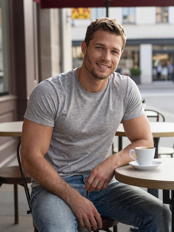 Athletic man smiling confidently at outdoor cafe with natural afternoon sunlight