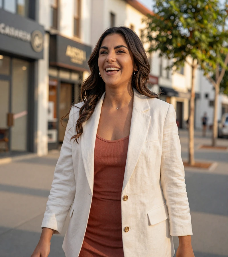 Confident woman laughing while walking through sunlit urban street with modern storefronts in warm golden light