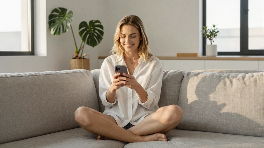 Young woman browsing a casual dating app on her phone while relaxing on a modern couch in warm afternoon light