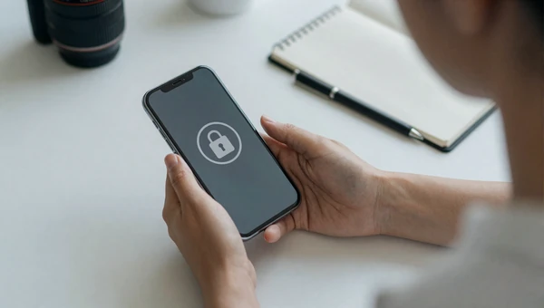 Hands holding smartphone with security lock icon on screen at clean white desk in natural light