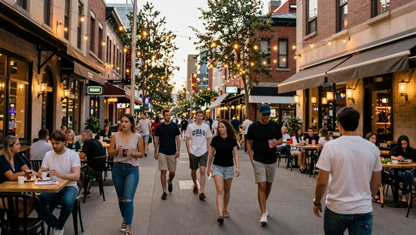 Lively downtown city street with people socializing outside restaurants during golden hour