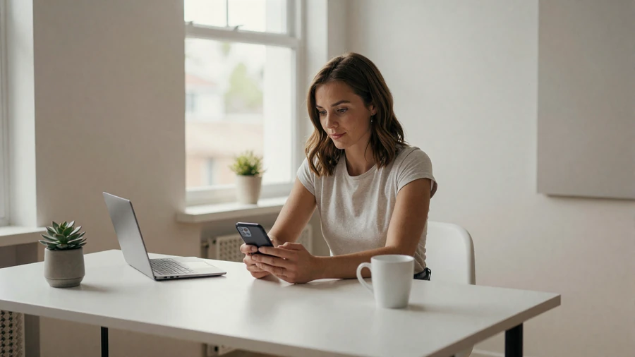 Woman securely browsing a dating app on her phone in a well-lit home office with natural daylight